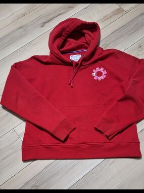 Champion Red Pullover Hoodie with Pink Logo